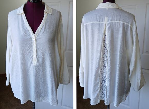 Hester & Orchard Tops - Hester & Orchard Ivory Lace Henley Tunic Blouse 1X lightweight back vent cottage